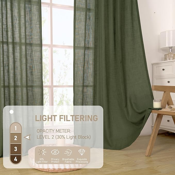 LAMIT Olive Green Linen Window Curtains 30 Inches Long 2 Panels, Semi Sheer Light Filtering Panels Back Tab and Rod Pocket Christmas Drapes for Basement/Small Windows, 34 x 30 Inch