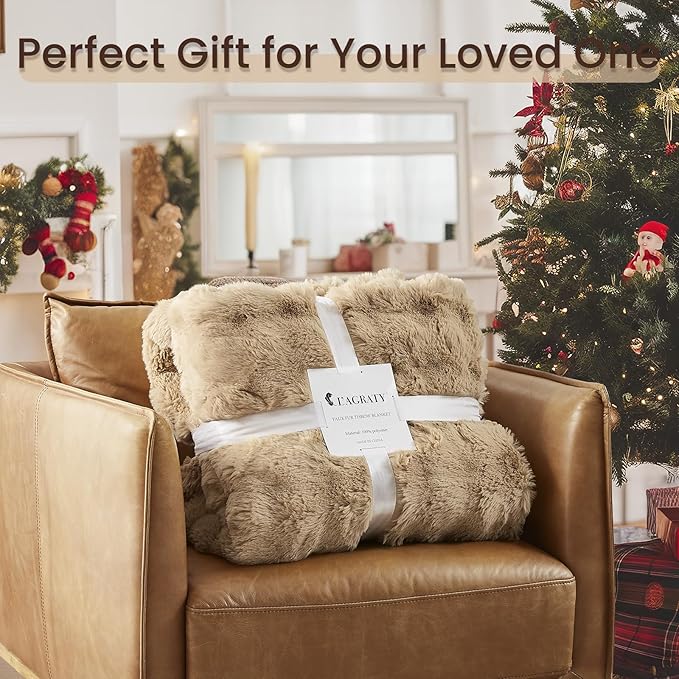 L'AGRATY Faux Rabbit Fur Blanket: 90" x 90" Queen Luxury Soft Fluffy Thick Fur Throw Blanket for Couch Bed - Cozy Plush Bubble Blankets for Winter: Flannel Fleece Decorative Blanket(Milk Tea Brown)