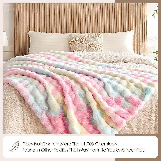 Luxury 1000GSM Faux Rabbit Fur Throw Blanket, Super Heavy Warm Cozy Blankets for Couch Bed Sofa, Bubble Plush Fuzzy Elegant Soft Reversible Mink Blanket for Living Room Bedroom, Rainbow