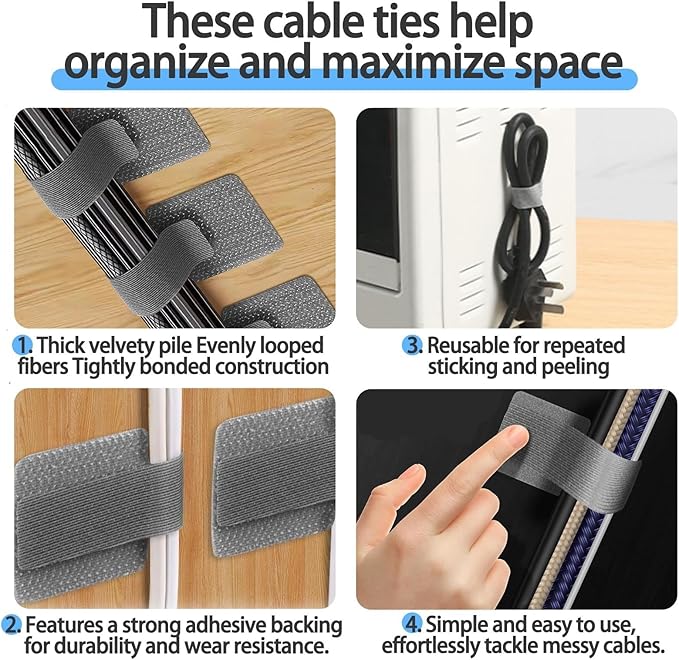 100 Pack Reusable Cable Management Ties, Adjustable Hook and Loop Cord Organizer, Strong Adhesive Wire Clips for Desk and Wall, Cable Holder for Home Office TV Computer, Grey