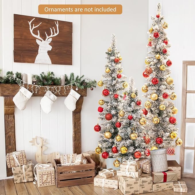 GOFLAME Set of 3 Potted Christmas Tree Snow Flocked, 3’ 4’ 5’ Slim Pencil Trees with 120, 140, 160 Branch Tips & Cement-Filled Metal Bases, Artificial Entrance Xmas Trees for Porch, Front Door