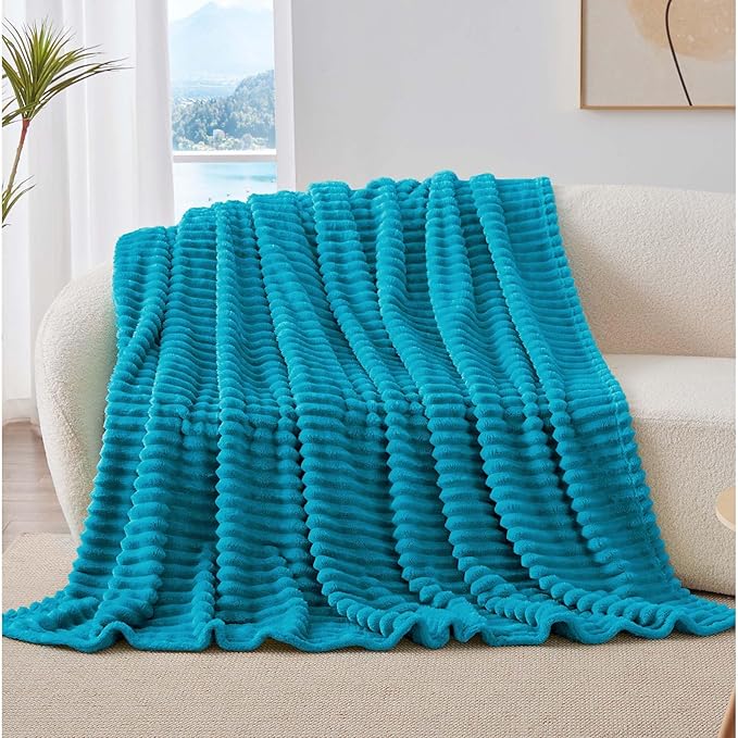 BEDELITE Twin Blanket for Couch & Bed, 300GSM Soft & Warm Fleece Blanket, Decorative and Giftable Striped Teal Blankets for Women, Men, 60"x80"