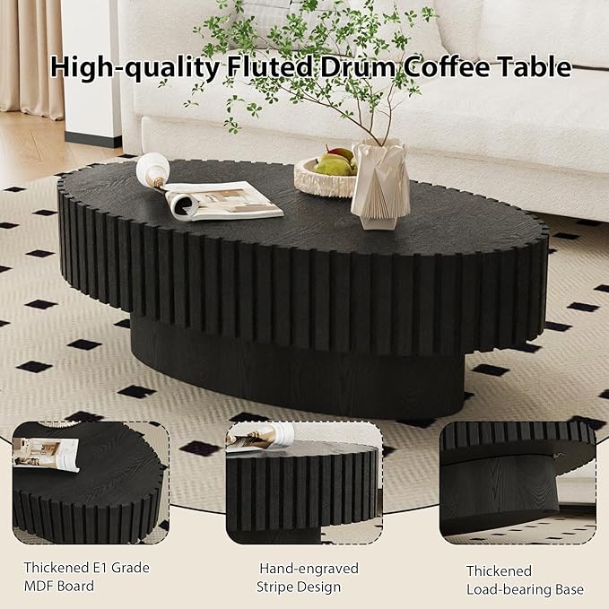 Oval Fluted Coffee Table Mid Century Modern Coffee Tables with Handcrafted Relief Ellipse Drum End Table Rustic Industrial Center Tables for Apartment Living Room (Black Oval)