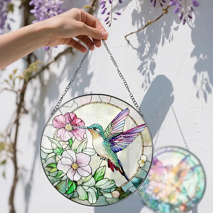 Hummingbird Suncatcher Stained Glass, Stain Glass Window Hanging, 8 Inch Stained Glass Decor, Bird Wall Art, Hummingbird Gifts, Gifts for Mom, Indoor Decor, Memory Sympathy Gift