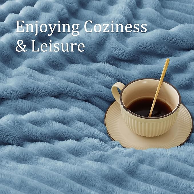 BEDELITE Blankets Queen Size for Bed, 300GSM Soft & Warm Fleece Blanket, Decorative and Giftable Striped Light Blue Blankets for Women, Men, 90"x90"