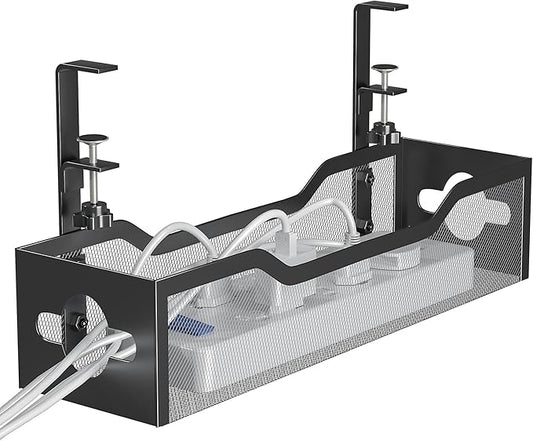 Under Desk Cable Management Tray 15.95", Quszmd Cable Organizer No Drill, Standing Cord Organizer and Wire Management Tray - No Damage to Desk, Black
