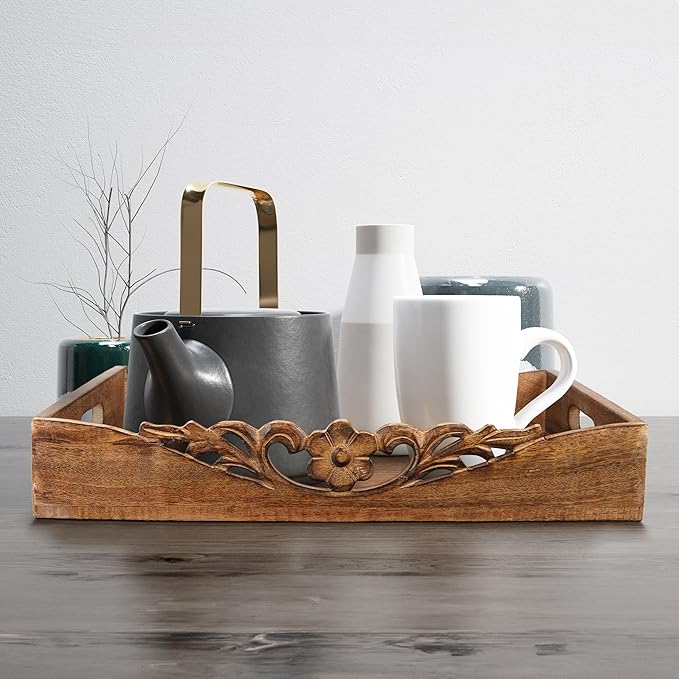 Mela Artisans Orchid Design Wooden Decorative Tray with Handles | 16x12x2.5 Mango Wood Ottoman Tray | for Kitchen Countertop | Coffee Table | Snacks | Desserts | Breads | Bedroom Decor