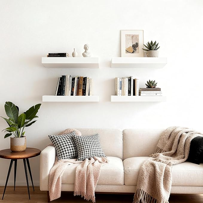 Floating Shelves for Wall(Set of 2)-16 Inch White Wood Wall Shelf with Invisible Brackets for Bathroom,Bedroom,Drawingroom,Kitchen for Decor