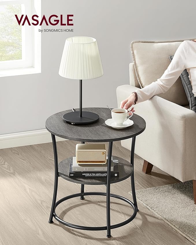 VASAGLE Side Table, 2-Tier Round End Table, Nightstand with Steel Frame for Small Spaces, Living Room, Bedroom, Misty Gray and Ink Black