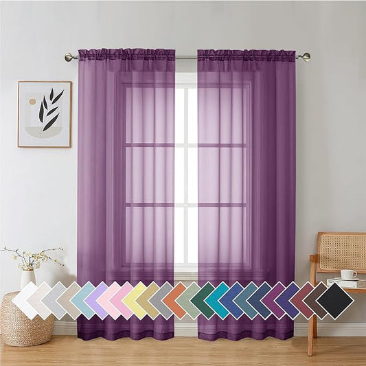 Aiyufeng Plum Purple Sheer Curtains 72 Inches Long 2 Panels Set, Solid Voile Top Dual Rod Pockets Stylish Breathable Drapes Window Treatment for Kid's Room/Bedroom/Living Room, 42W x 72L inches