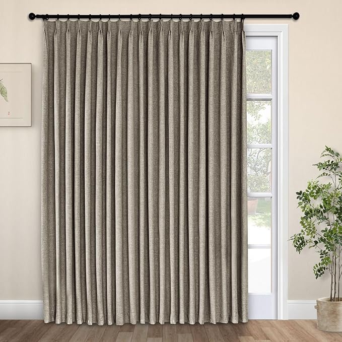 Macochico Blackout Curtains for Sliding Door Pinch Pleated Linen Curtains with Hooks Full Blackout Room Divider for Bedroom Living Room Thermal Curtains with Tieback Tawny 100" Wx84 L 1 Panel