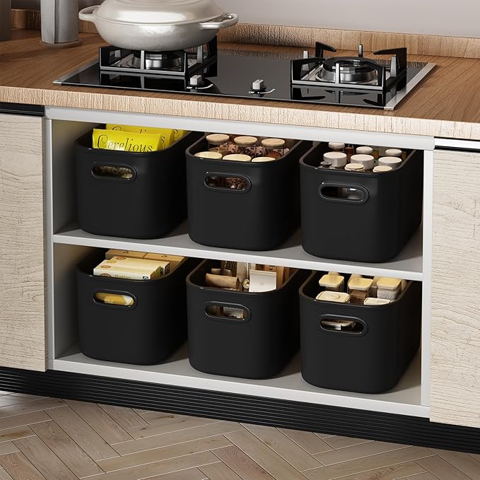 12 Pack Black Plastic Storage Bins, Storage Container for Organizing, Storage Boxes with Handle for Shelves, Cute Organizer Bins for Craft, Snacks, Pantry, Cabinet, 9.69x6.7x5.7 inch