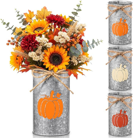 Domensi 3 Pcs Fall Table Centerpiece Pumpkin Vases Thanksgiving Decor Galvanized Metal Vases for Flowers Farmhouse Mason Jars Utensil Holder for Fall Home Thanksgiving Autumn Harvest Decorations