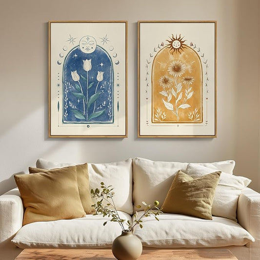 Framed Blue and Yellow Boho Tarot Wall Art for Room Decor, Set of 2 Sun and Moon Floral Artwork for Walls, Mid Century Bohemian Art Prints for Living Room Bedroom Office Hallway Wall Decor, 16x24 Inch