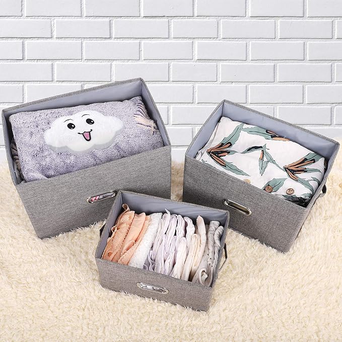 Large Linen Fabric Foldable Storage Bins with Removable Lid and Handles, Washable Storage Box Organizer Containers Baskets Cube with Cover for Bedroom,Office(Cream, Medium(2-Pack))