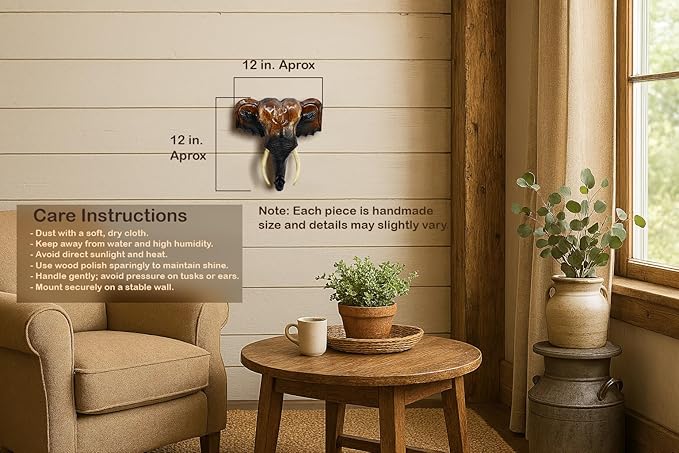 AeraVida Powerful Thai Elephant Head Trophy Mount Sculpture Hand Carved Wood Wall Art | Large Elephant Head Statue for Home Decor