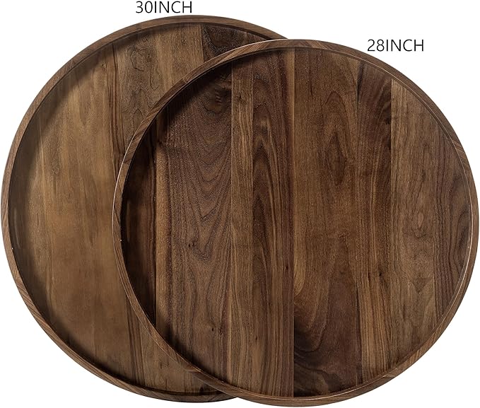 28x 28 inches King Sized Round Ottoman Table Tray, Oversized Solid Wooden Black Walnut Decorative Serving Tray with Handles, Extra Large Circle Platter for Oversized Ottoman Bed