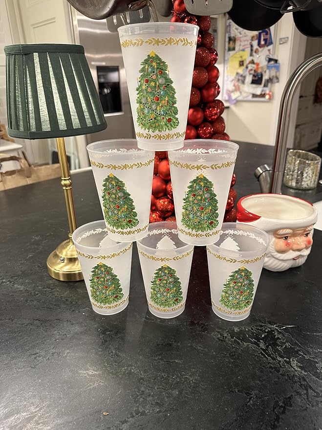 Marye-Kelley Christmas Tree Shatterproof 20 Oz Frosted Cups - Set of 6 Cups - BPA Free - Made in the USA Dishwasher Safe
