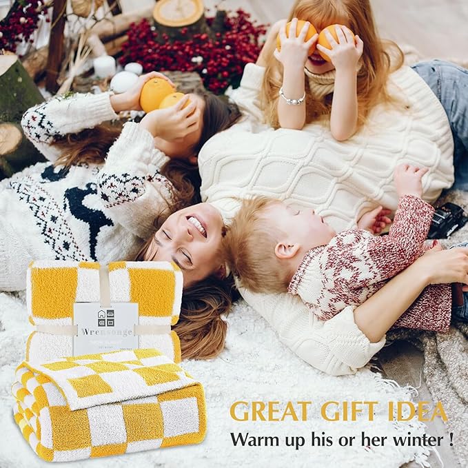 WRENSONGE Checkered Throw Blanket, Yellow Soft Cozy Fluffy Warm Hand Made Throw Blankets for Couch, Sofa, Chair, Bed, Camping, Picnic, Travel Lightweight Bed Blanket - 60"*80"