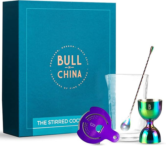 4 Piece Cocktail Kit by Bull In China - Premium Bartender Gift Set Includes Flagship Mixing Glass, 12 inch Barspoon, Bell Jigger & Hawthorne Strainer For Professional & Home Bars (Rainbow Chrome)