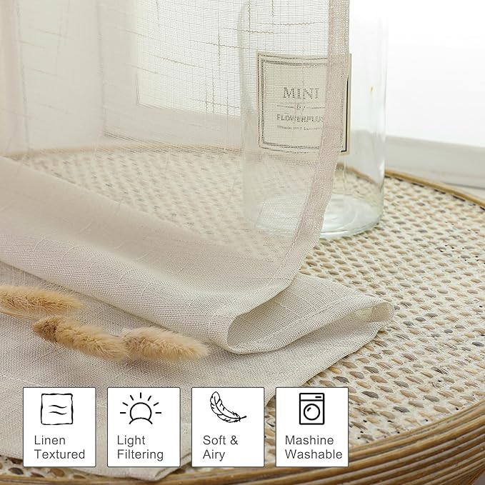 Aiyufeng Natural Sheer Curtains 72 inches Long 2 Panels, Fresh Textured Semi Sheer Natural Linen Breathable Elegant Door Curtains & Drapes for Farmhouse/Living Room/Kitchen, 40Wx72L inch