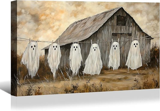 BANHUA1 Halloween Canvas Wall Art, Ghosts Laundry Vintage Style Picture Print, Dark Academia Wall Decor for Home, Living Room, Hallway, 40 x 28 Inch