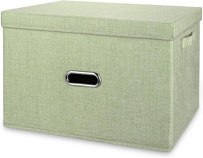 Linen Fabric Collapsible Storage Bins with Removable Lids and Handles, Washable Storage Box Containers Baskets Cube with Cover for Bedroom,Closet,Office,Living Room,Nursery (Green, Medium)