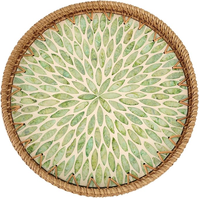 Round Rattan Tray with Mother of Pearl Inlay, Rattan Serving Tray for Coffee, Bread, Fruits, Decorative Wicker Tray for Table Decor, Home Decor, Kitchen Island Decor (Green Leaf, 11.8")