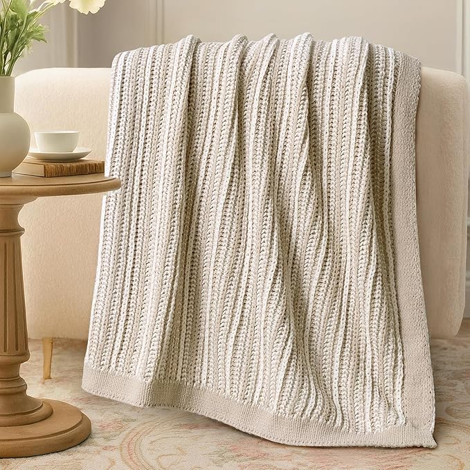 Amélie Home Striped Knit Throw Blanket for Couch, Dual-Sided Soft Chenille Decorative Blankets for Sofa & Chair, 50"x60", Khaki & White