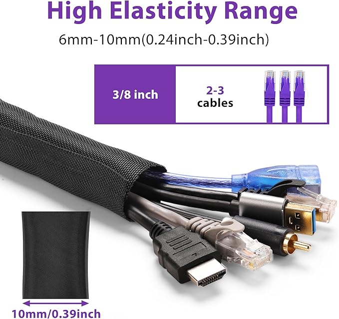 Cable Management Sleeve YCLYC 8.2ft - 3/8inch, Cable Wrap Cord Covers for Pets, Easy Install Cable Sleeves Cord Management, Flexible Computer Cord Organizer for Cords, Black Cable Covers