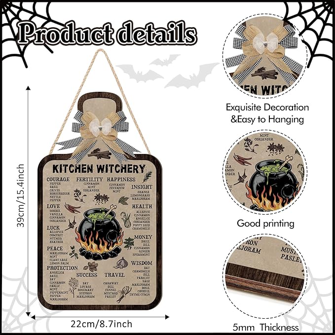 HPNIUB Witchcraft Knowledge Sign Decor,Halloween Witch Decor Kitchen Witches Herbalists Sign,Wizards Sign Meanings Plaque Vintage Wall Decor Home Party Supplies Vintage Color