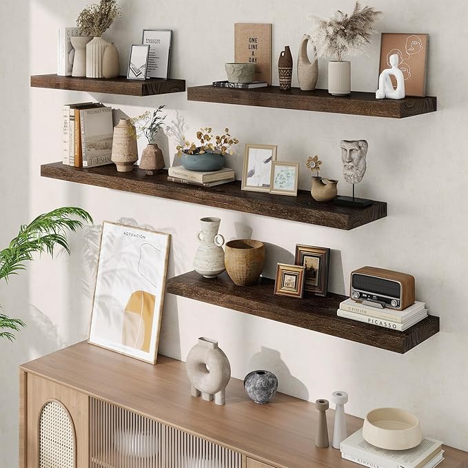 Floating Shelves, 8" Deep Rustic Solid Elm Wood Wall Mounted Floating Shelves, Wall Shelves with Invisible Bracket for Living Room Bathroom Bedroom Kitchen, 40 Inch, Walnut