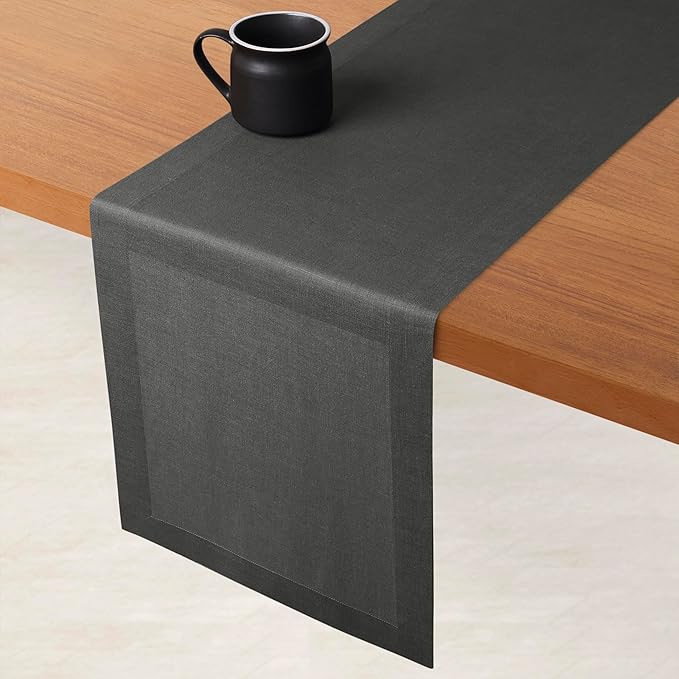 D'Moksha Homes Linen Charcoal Grey Table Runner 144 Inches Long - 100% Pure Linen Extra Long Table Runner 14 x 144 Inch for Fall, Autumn and Halloween - Machine Washable