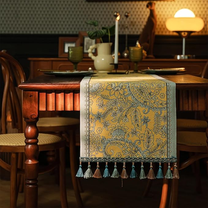 13×72 Inch Table Runner, Retro-Luxury Tassels Series for Kitchen Dining Table Holiday Decoration (Yellow Pheonix)