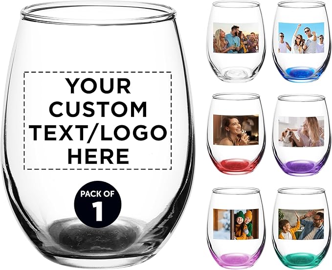 DISCOUNT PROMOS Custom Stemless Wine Glass 9 oz. Set of 1, Personalized text, logo and picture - Great for Wedding Favors, Bachelorette Party Decorations, Party Favors, Color Bottom - Black