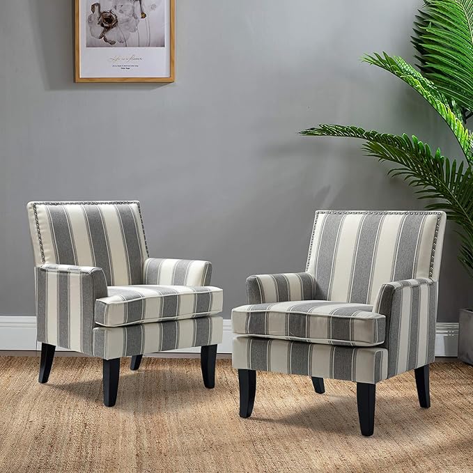 HULALA HOME Modern Accent Chairs Set of 2, Farmhouse High Back Striped Chairs with Wooden Legs & Nail Head Trim, Comfy Upholstered Armchairs for Living Room/Bedroom (Stripe Grey)