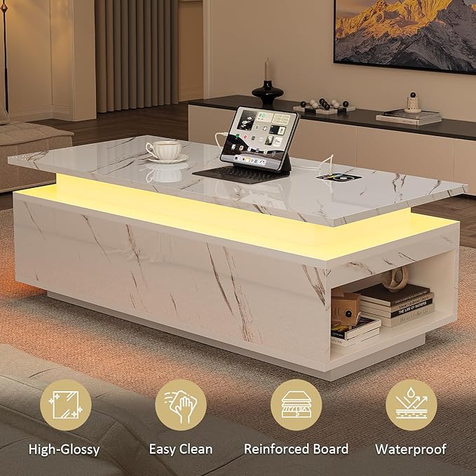 LED Coffee Table, 47.2" Coffee Tables for Living Room with Wireless Charging & Bluetooth Speaker, Smart Center Table for Living Room with Storage, White Marble Tables