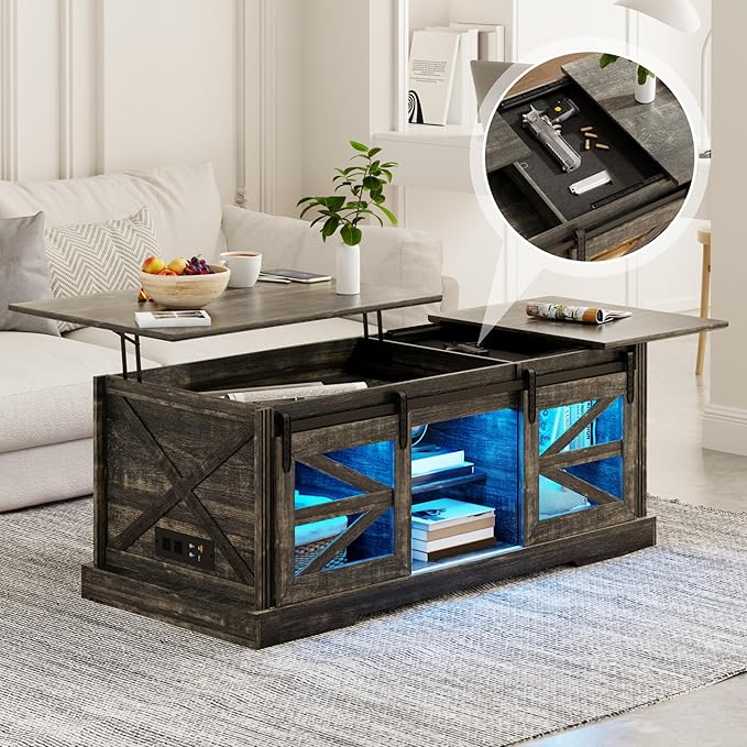 Farmhouse Coffee Table, Lift Top Coffee Table with Gun Cabinet, 2 Sliding Barn Doors-Large Storage and 3 Color LED Lights fit Modern Rectangular Rustic Living Room Center Table,Dark Oak