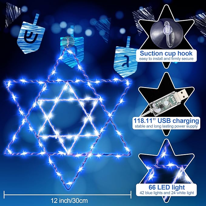 Hiboom Hanukkah Window Lights Decorations, 8 Lighting Modes Star of David Hanukkah Decor 66 LED Blue Chanukah Lights with USB Powered for Jewish Christmas Party Decor Indoor Outdoor Home