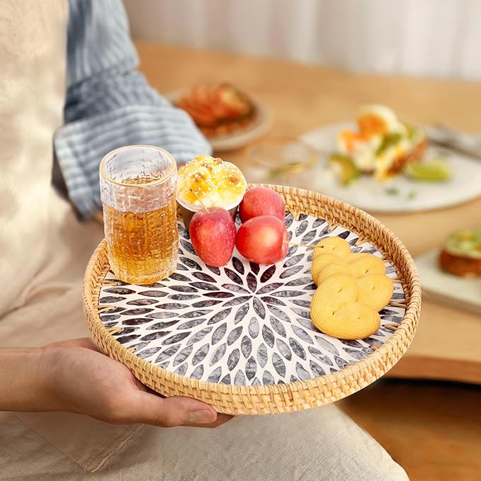 Round Rattan Tray with Mother of Pearl Inlay, Rattan Serving Tray for Coffee, Bread, Fruits, Decorative Wicker Tray for Table Decor, Home Decor, Kitchen Island Decor (Dark Blue Leaf, 11.8")
