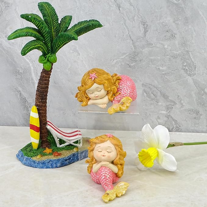 Mini Mermaid Figurine Set (2-Pack) - 4-Inch Sleeping Baby Mermaid Statue, Cute Tailed Mermaid Princess Decor for Fish Tank, Shelf & Home Décor