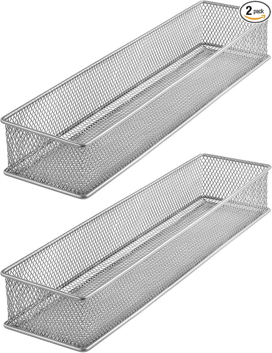 YBM HOME Silver Mesh Drawer Cabinet and or Shelf Organizer Bins, School Supply Holder Office Desktop Organizer Basket (2, 3x12x2 Inch)