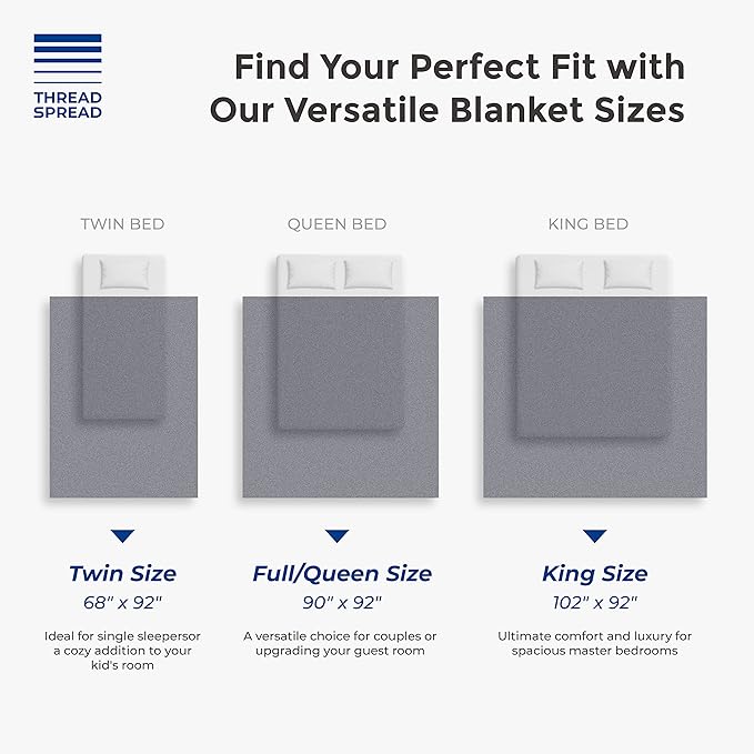 THREAD SPREAD Organic GOTS Cotton Blanket, Full/Queen - 350 GSM, Antistatic, Fuzzy Soft, Lightweight, Sofa, Camping & Travel, Perfect Herringbone All Seasons Throw, Dark Grey with Free Tote Bag