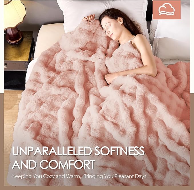 Luxury 1000GSM Faux Rabbit Fur Throw Blanket, Super Heavy Warm Cozy Blankets for Couch Bed Sofa, Bubble Plush Fuzzy Elegant Soft Reversible Mink Blanket for Living Room Bedroom, Pink