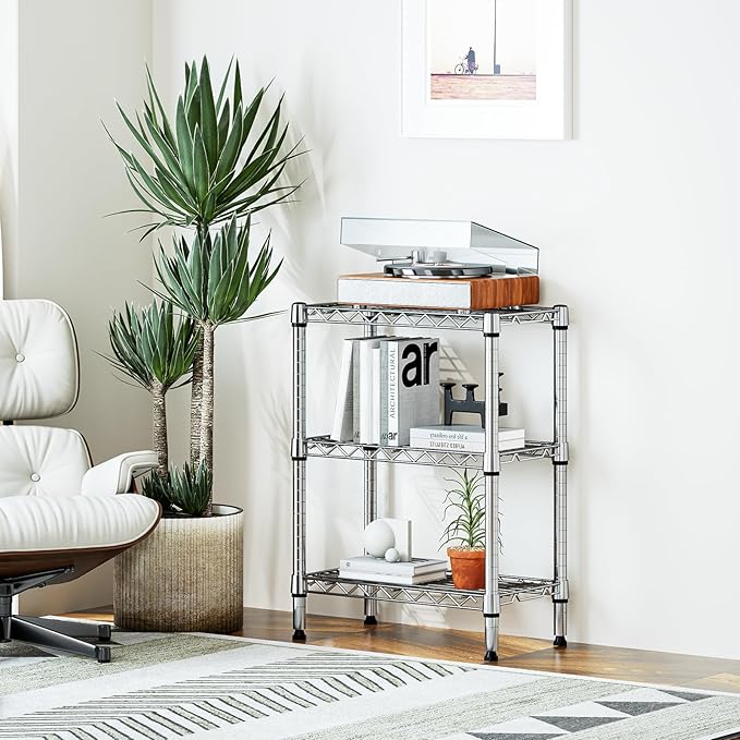 750 lbs 3 Tier Shelf Metal Storage Shelves Wire Rack Closet Organizers with PP Board for Garage Kitchen Bathroom Laundry Chrome 11.8" D x 21.7" W x 28.6" H