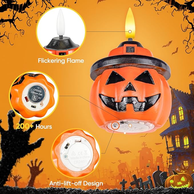 Homemory Real Wax Pumpkin Candles, 4 Pcs Flickering Flameless Candles with 6hrs Timer, LED Halloween Pumpkin Lamp, Battery Operated Lights for Home Halloween Decor, Theme Party, Orange