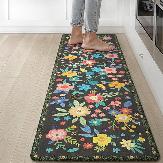 GENIMO Kitchen Mats for Floor, Cushioned Kitchen Rugs Non Slip Washable, Farmhouse Anti Fatigue Mat Waterproof, Comfort Standing Mat Rug for Office, Home, Sink, Laundry, Garage, 17.3"x59", Black