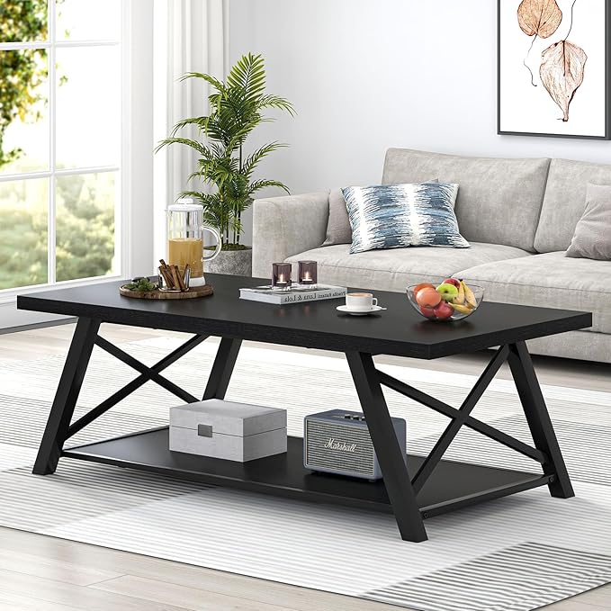 EXCEFUR Black Coffee Table, Modern Wood and Metal Center Table with Storage Shelf, Industrial Rectangle Cocktail Tea Table for Living Room, 47 Inch
