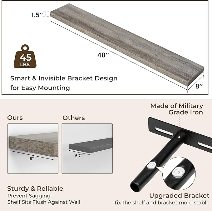 RICHFOCUS 48Inch Floating Shelves for Wall 1 Pack Shelves for Bedroom|Kitchen|Bathroom Wall Mounted Rustic Wood Floating Shelf with Invisible Brackets for Books|Storage|Decor, Grey