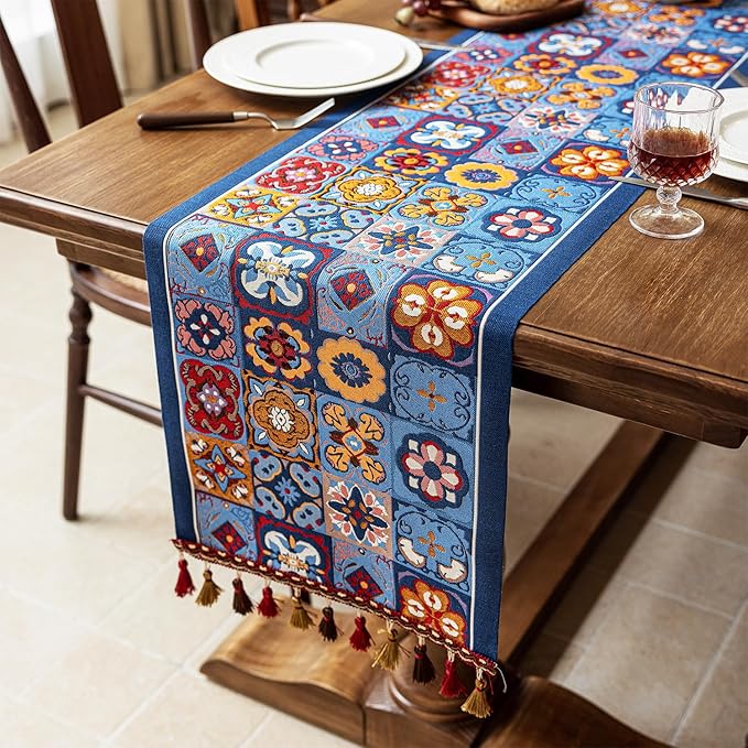 13×72 Inch Table Runner, Retro-Luxury Tassels Series for Kitchen Dining Table Holiday Decoration (Ethnic Blue)